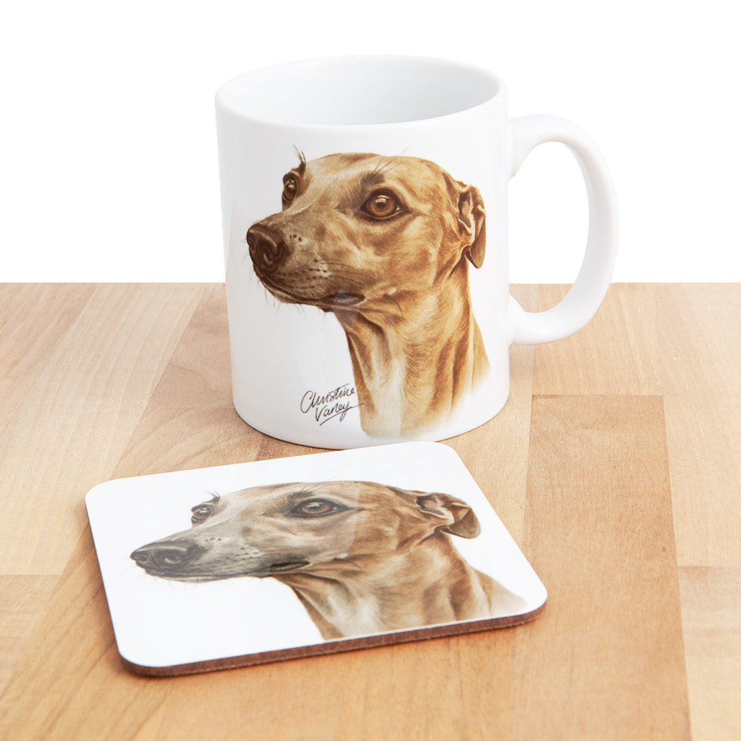 Dog Lover Gifts available at Dog Krazy Gifts - Fawn Whippet Mug and Coaster set, part of our Christine Varley collection – available at www.dogkrazygifts.co.uk