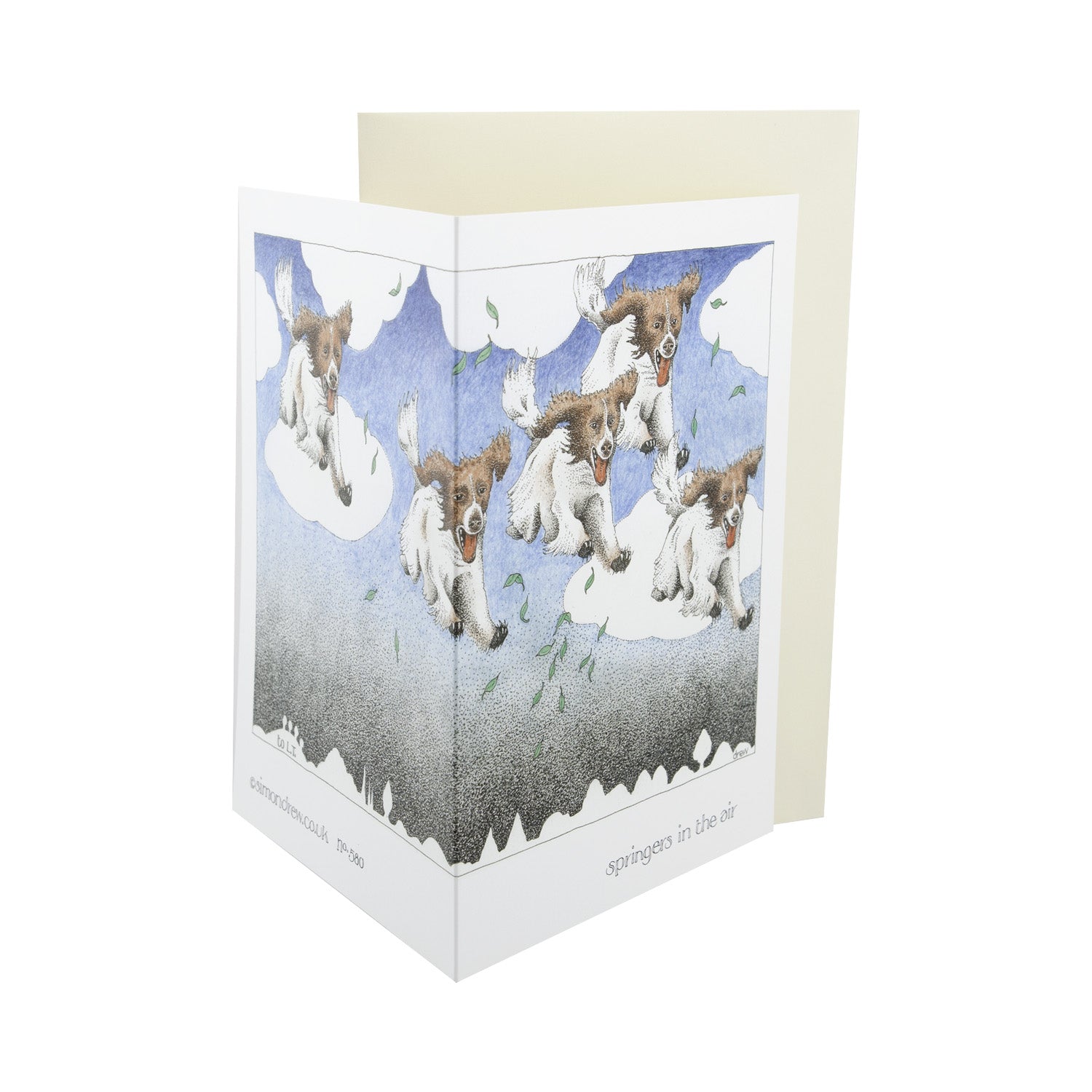 Dog Lover Cards, Gifts and merchandise available at Dog Krazy Gifts - Springers In The Air Card - Part of the Simon Drew dog collection available from Dog Krazy Gifts
