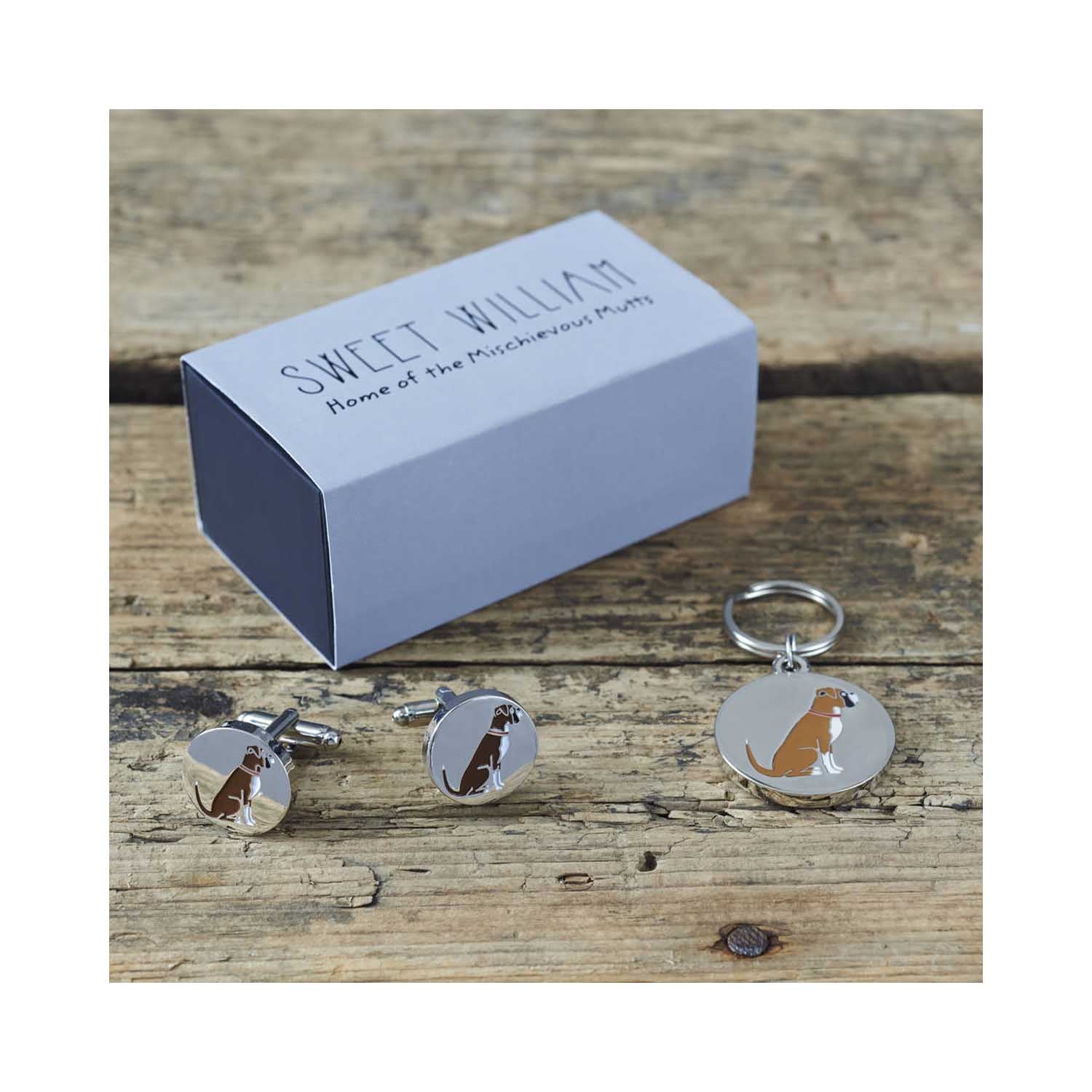 Dog Lover Gifts available at Dog Krazy Gifts - Archie The Boxer Cufflinks and Dog Tag Set - part of the Sweet William range of gifts for dog lovers available from Dog Krazy Gifts