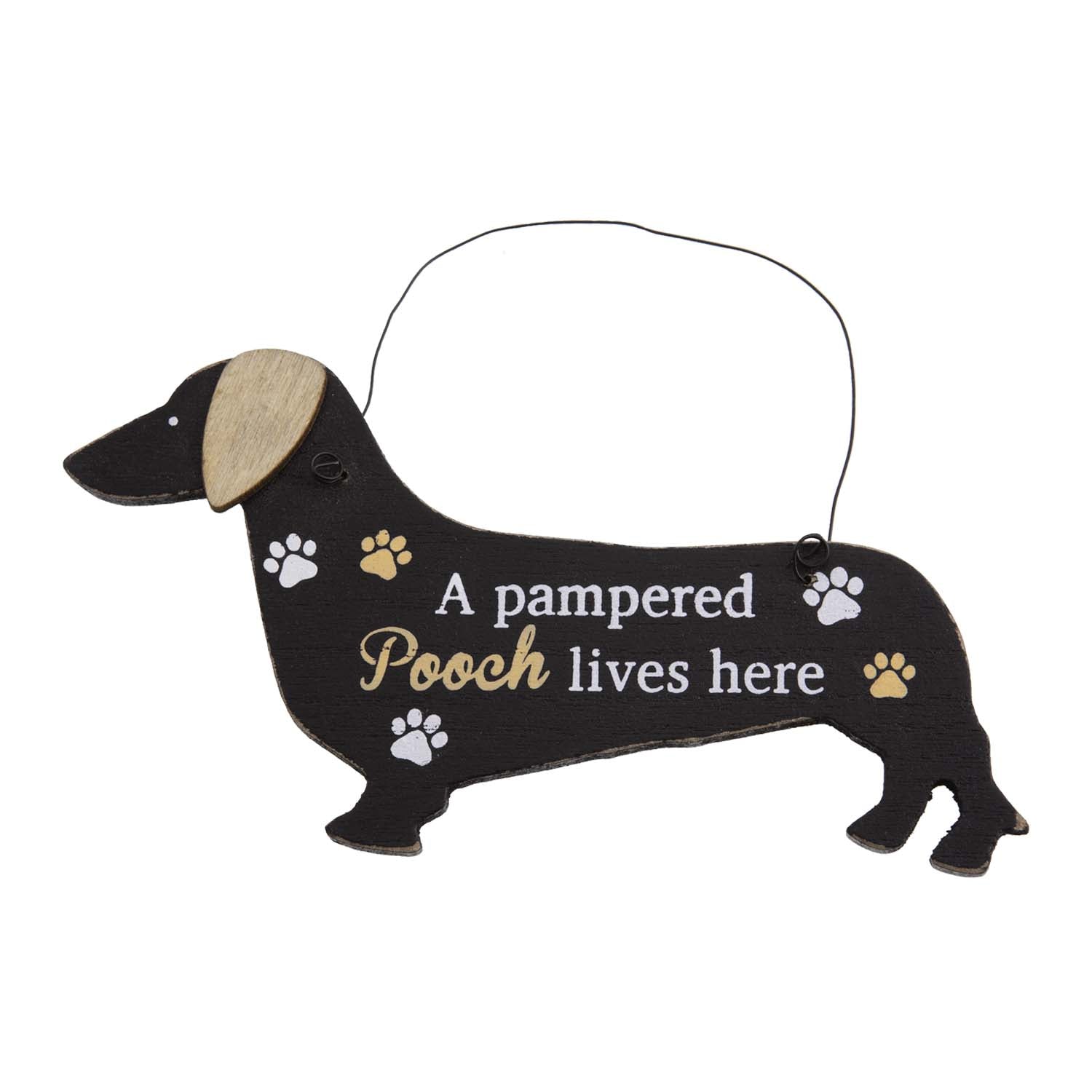 Dog Lover Gifts – Black Dachshund Hanging Sign - Pampered Pooch, Just Part Of Our Collection Of Signs Available At www.dogkrazygifts.co.uk