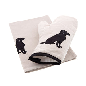 Dog Lover Gifts available at Dog Krazy Gifts - Black Labrador motif on cream oven glove shown here with the Black Dog Tea Towel available seperately, both are part of the Black Dog range available from Dog Krazy Gifts