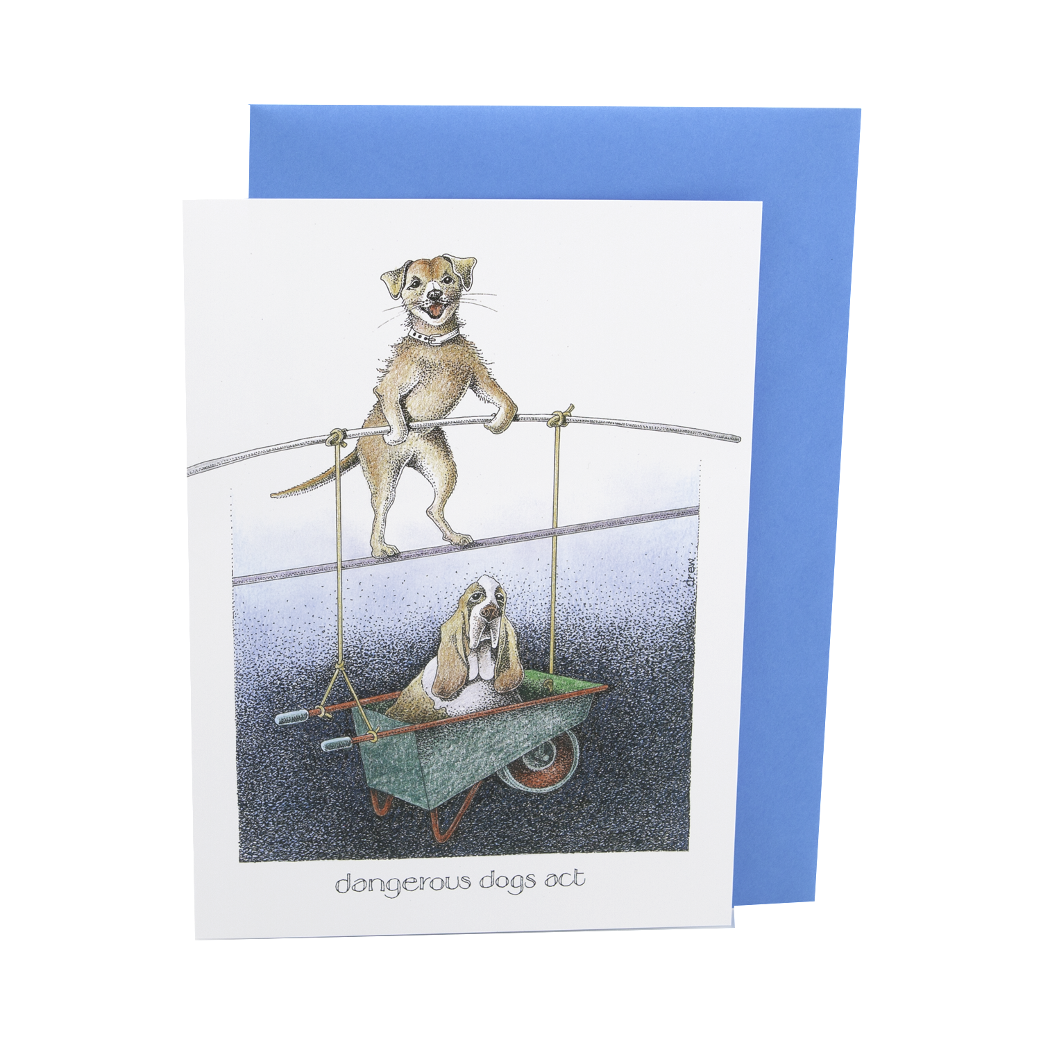 DogKrazy.Gifts – Simon Drew Dangerous Dogs Act, Humorous card featuring a Terrier and a Basset Hound on a high wire.