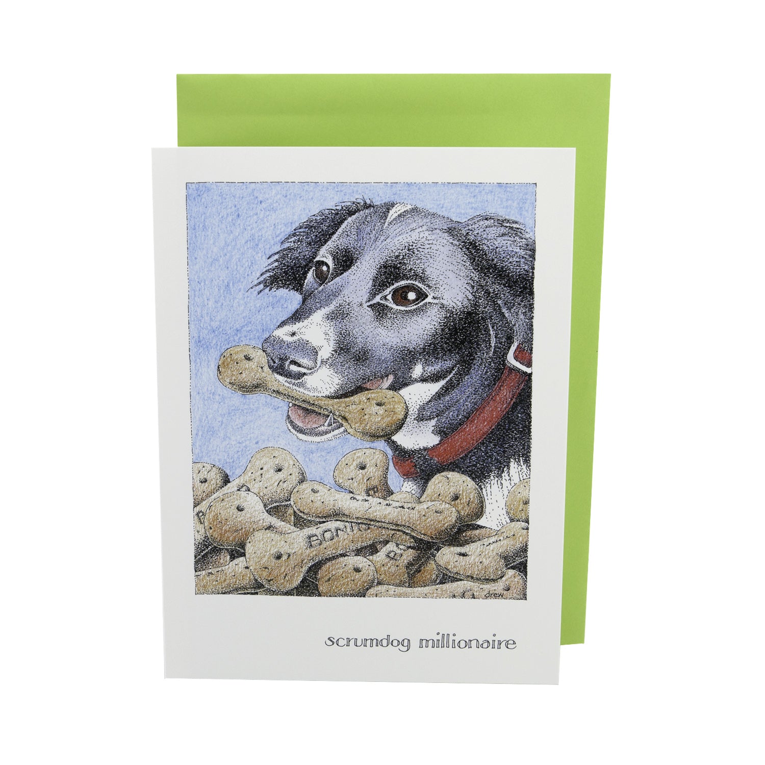 DogKrazy.Gifts – Simon Drew Scrumdog Millionaire, Humorous card featuring a Collie Dog. Part of the Simon Drew Dog Collection available from Dog Krazy Gifts