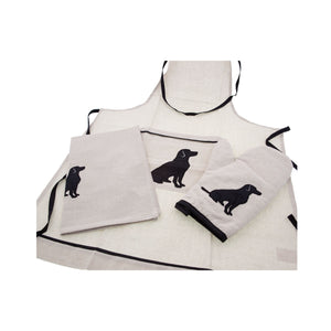 Dog Lover Gifts available at Dog Krazy Gifts - Black Labrador motif on cream Apron, tea towel and oven glove - Part of the Black Dog Range available from Dog Krazy Gifts,