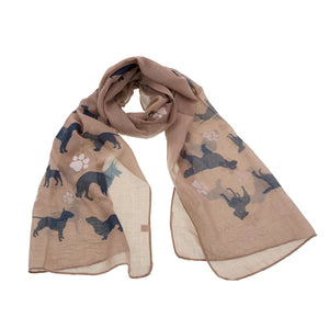 DogKrazy.gifts - Brown Dog and Paws Scarf, White paw prints and various dogs printed in black including Boxers, Staffies and German Shepherd. Available from Dog Krazy Gifts