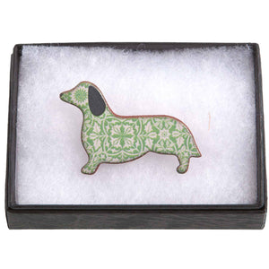 Dog Lover Gifts available at Dog Krazy Gifts – Ceramic Green William Morris Dachshund Brooch by Mary Goldberg of Stockwell Ceramics, Just Part Of Our Collection Of Daxie Themed Gifts, Available At www.dogkrazygifts.co.uk