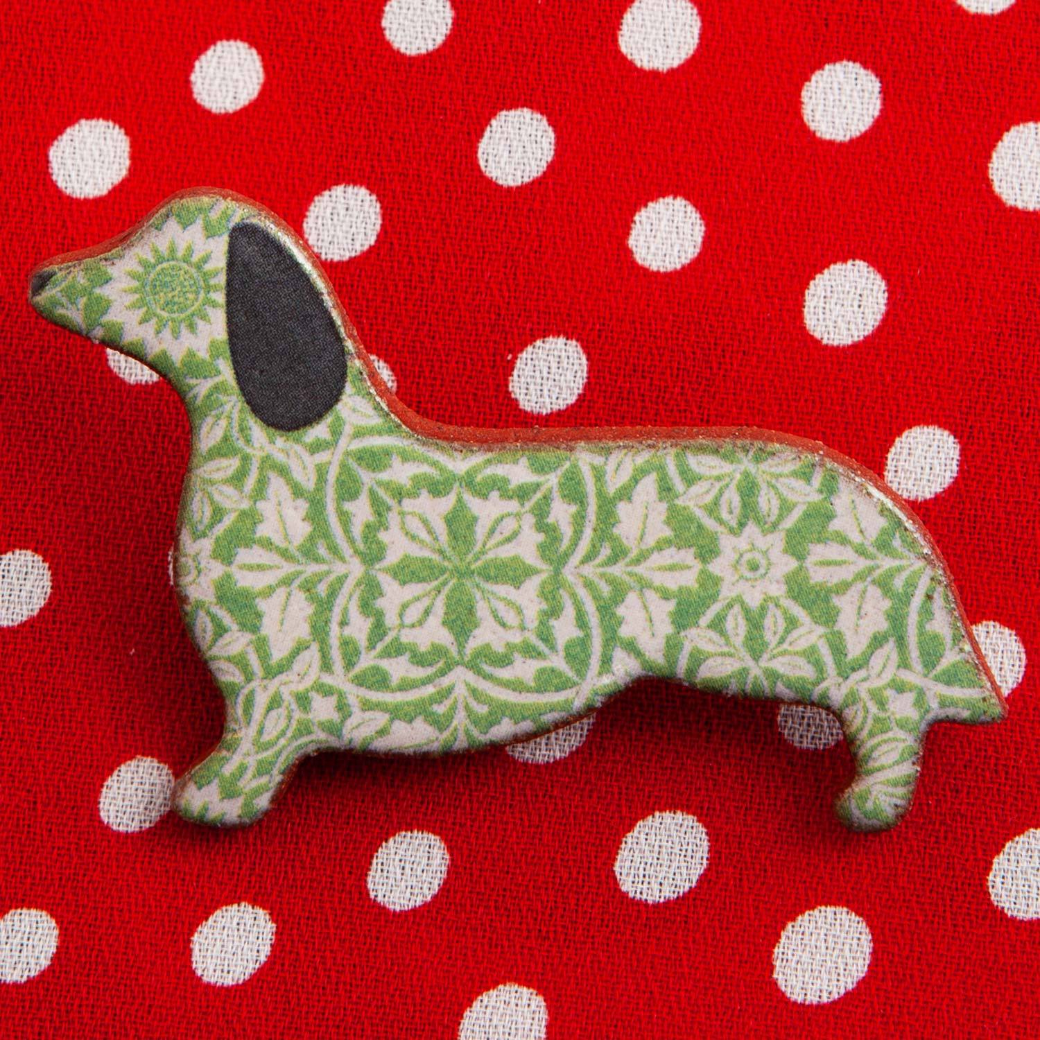 Dog Lover Gifts available at Dog Krazy Gifts – Ceramic Green William Morris Dachshund Brooch by Mary Goldberg of Stockwell Ceramics, Just Part Of Our Collection Of Daxie Themed Gifts, Available At www.dogkrazygifts.co.uk