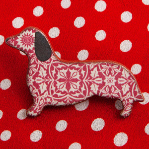 Dog Lover Gifts available at Dog Krazy Gifts – Ceramic Red William Morris Dachshund Brooch by Mary Goldberg of Stockwell Ceramics, Just Part Of Our Collection Of Daxie Themed Gifts, Available At www.dogkrazygifts.co.uk