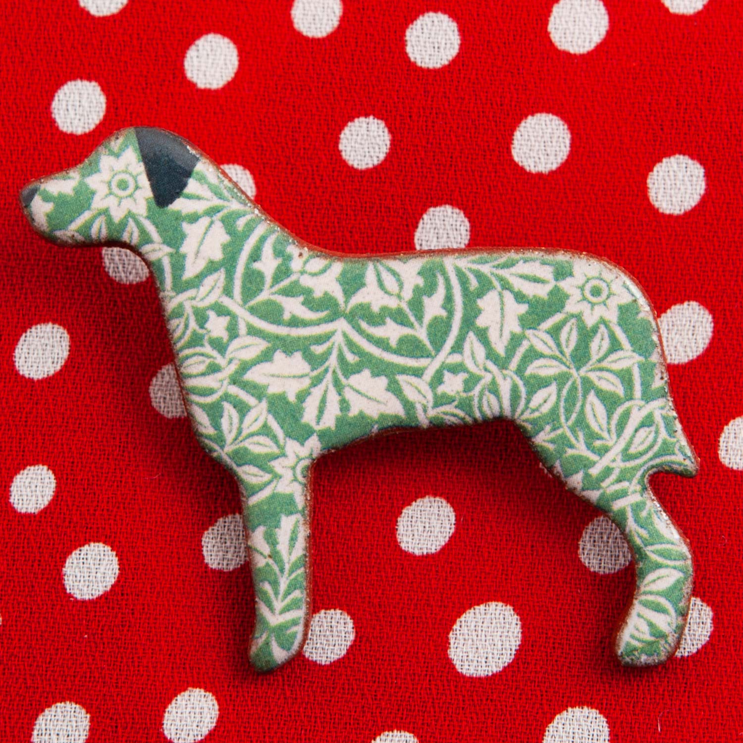 Dog Lover Gifts available at Dog Krazy Gifts – Ceramic Green William Morris Large Breed Brooch by Mary Goldberg of Stockwell Ceramics, Just Part Of Our Collection Of Dog Themed Gifts, Available At www.dogkrazygifts.co.uk