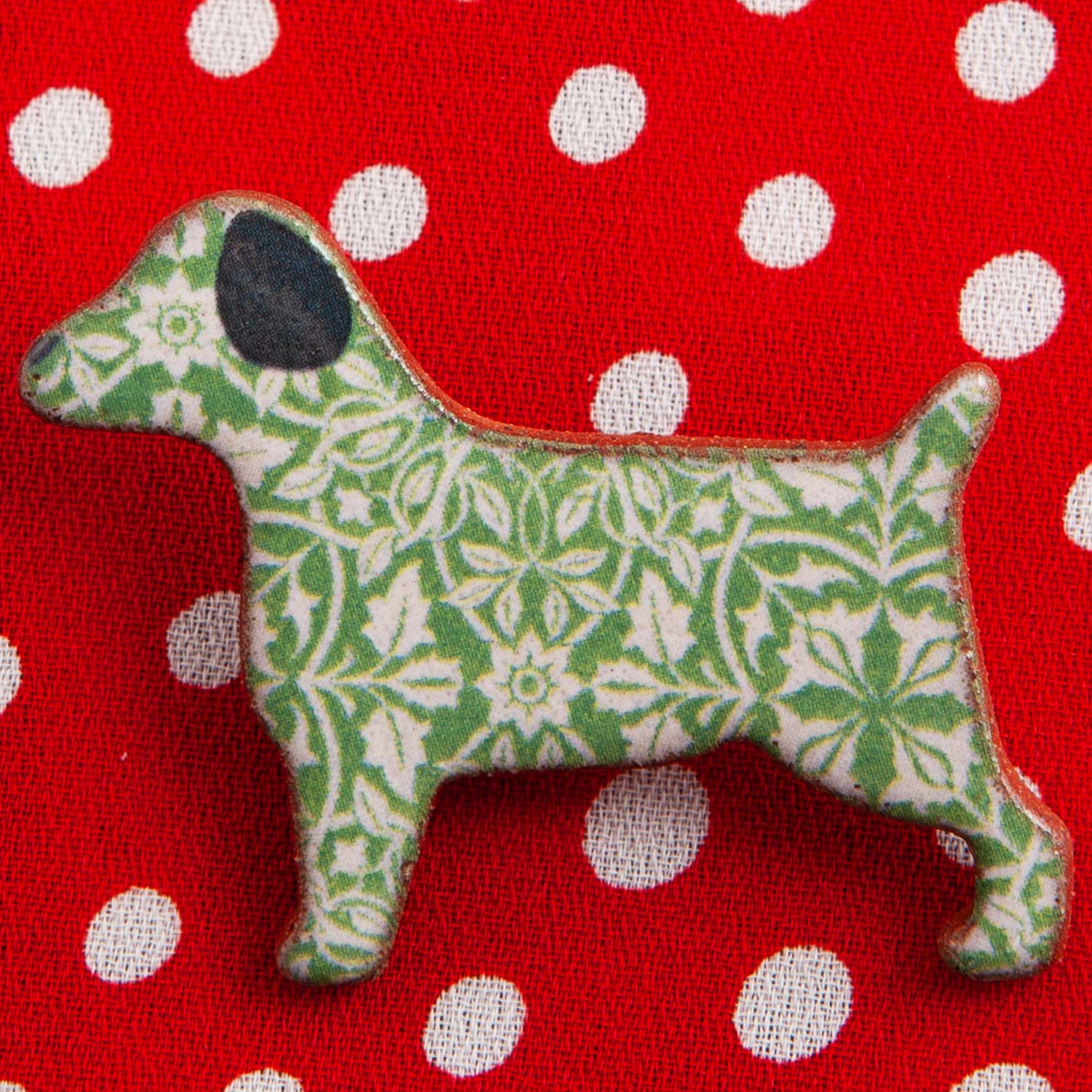 Dog Lover Gifts available at Dog Krazy Gifts – Ceramic Green William Morris Terrier Brooch by Mary Goldberg of Stockwell Ceramics, Just Part Of Our Collection Of Terrier Themed Gifts, Available At www.dogkrazygifts.co.uk