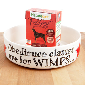 Dog Lover Gifts available at Dog Krazy Gifts - Obedience classes are for WIMPS small earthenware dog bowl in 2 sizes - part of the Sweet William Designs range available from DogKrazyGifts.co.uk