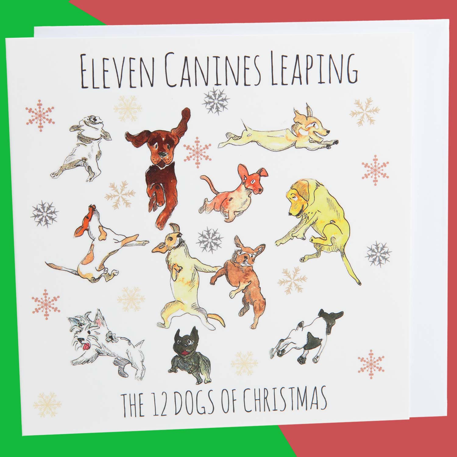 Dog Krazy Gifts - Eleven Canines Leaping - Part of the 12 Dogs of Christmas card collection available from DogKrazyGifts.co.uk