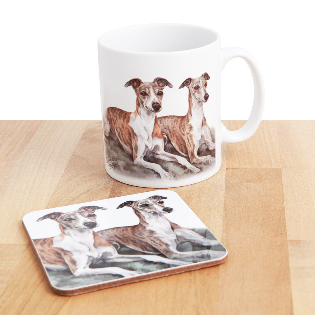 Dog Lover Gifts available at Dog Krazy Gifts - Brindle Whippets Mug and Coaster set, part of our Christine Varley collection – available at www.dogkrazygifts.co.uk