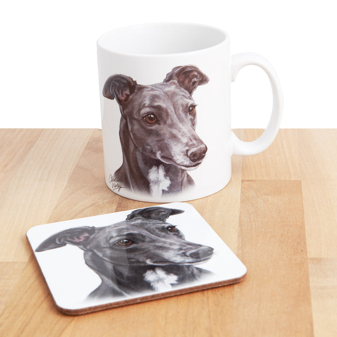 Dog Lover Gifts available at Dog Krazy Gifts - Blue Grey Hound Mug and Coaster set, part of our Christine Varley collection – available at www.dogkrazygifts.co.uk