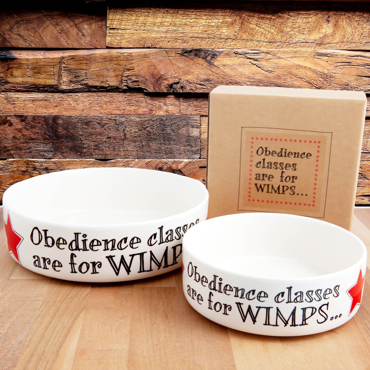 Dog Lover Gifts available at Dog Krazy Gifts - Obedience classes are for WIMPS earthenware dog bowl in 2 sizes - part of the Sweet William Designs range available from DogKrazyGifts.co.uk