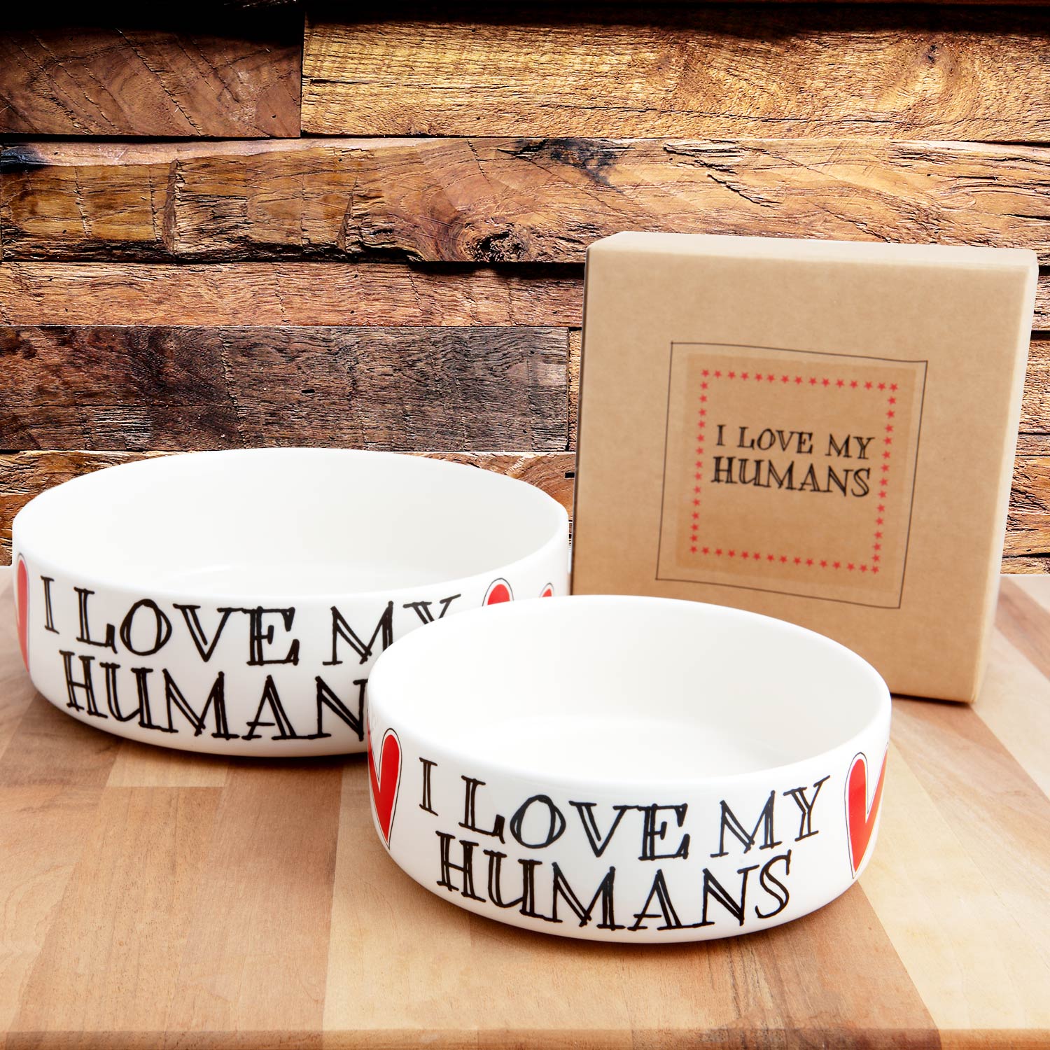 Dog Lover Gifts available at Dog Krazy Gifts – I Love My Humans earthenware dog bowl in 2 sizes - part of the Sweet William Designs range available from DogKrazyGifts.co.uk