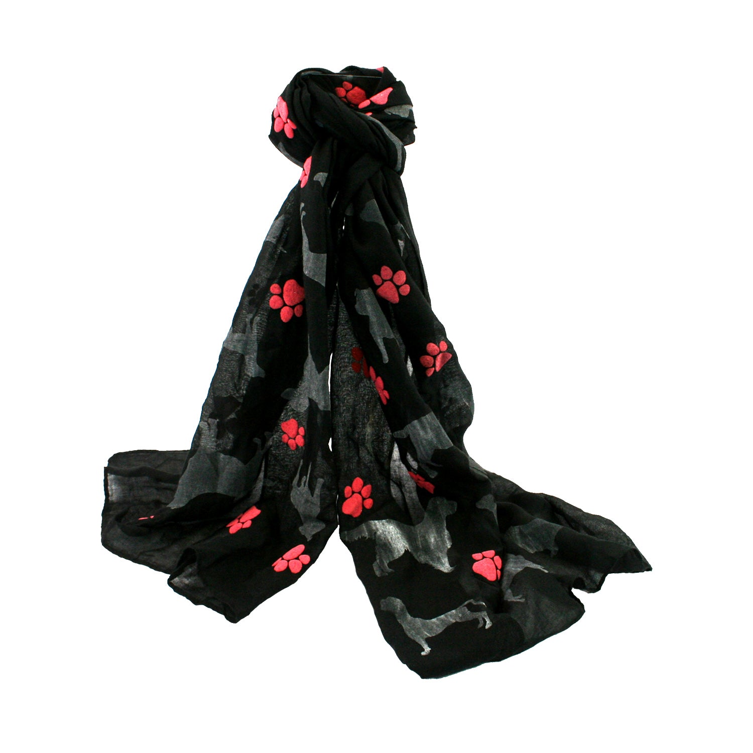 Dog Lover Gifts available at Dog Krazy Gifts - Black Dog and Paws Scarf, Red paw prints and various silver dogs including Boxers, Staffies and German Shepherd. Available from Dog Krazy Gifts