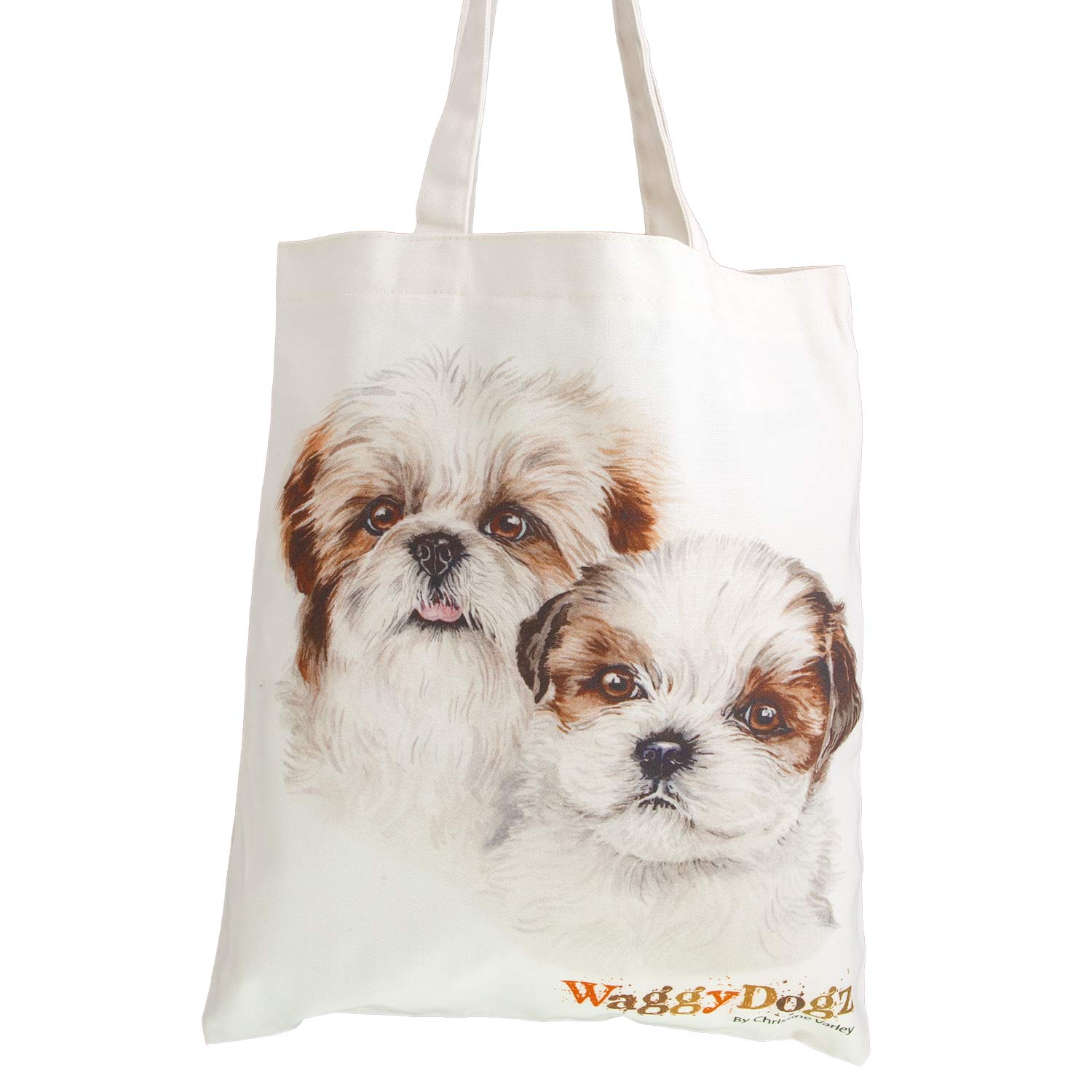 Dog Lover Gifts available at Dog Krazy Gifts. Shih Tzu puppies Bag, part of our Christine Varley collection – available at www.dogkrazygifts.co.uk A Double Sided organic Cotton Tote bag featuring a painting of a pair of Shih Tzu Dogs by Christine Varley, made and printed in Great Britain