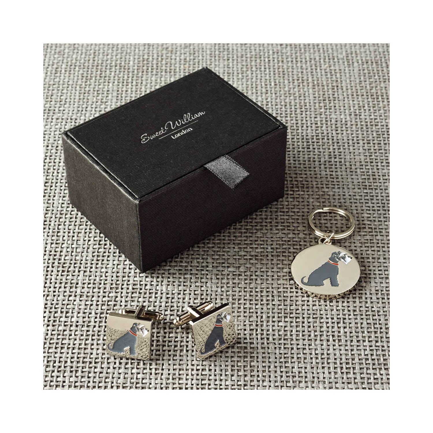 Dog Lover Gifts available at Dog Krazy Gifts - Eddie The Grey and White Schnauzer Cufflink and Dog Tag Set - part of the Sweet William range available from Dog Krazy Gifts