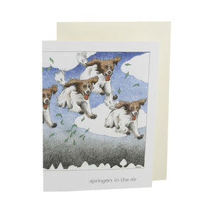 Dog Lover Cards, Gifts and merchandise available at Dog Krazy Gifts - Springers In The Air Card - Part of the Simon Drew dog collection available from Dog Krazy Gifts
