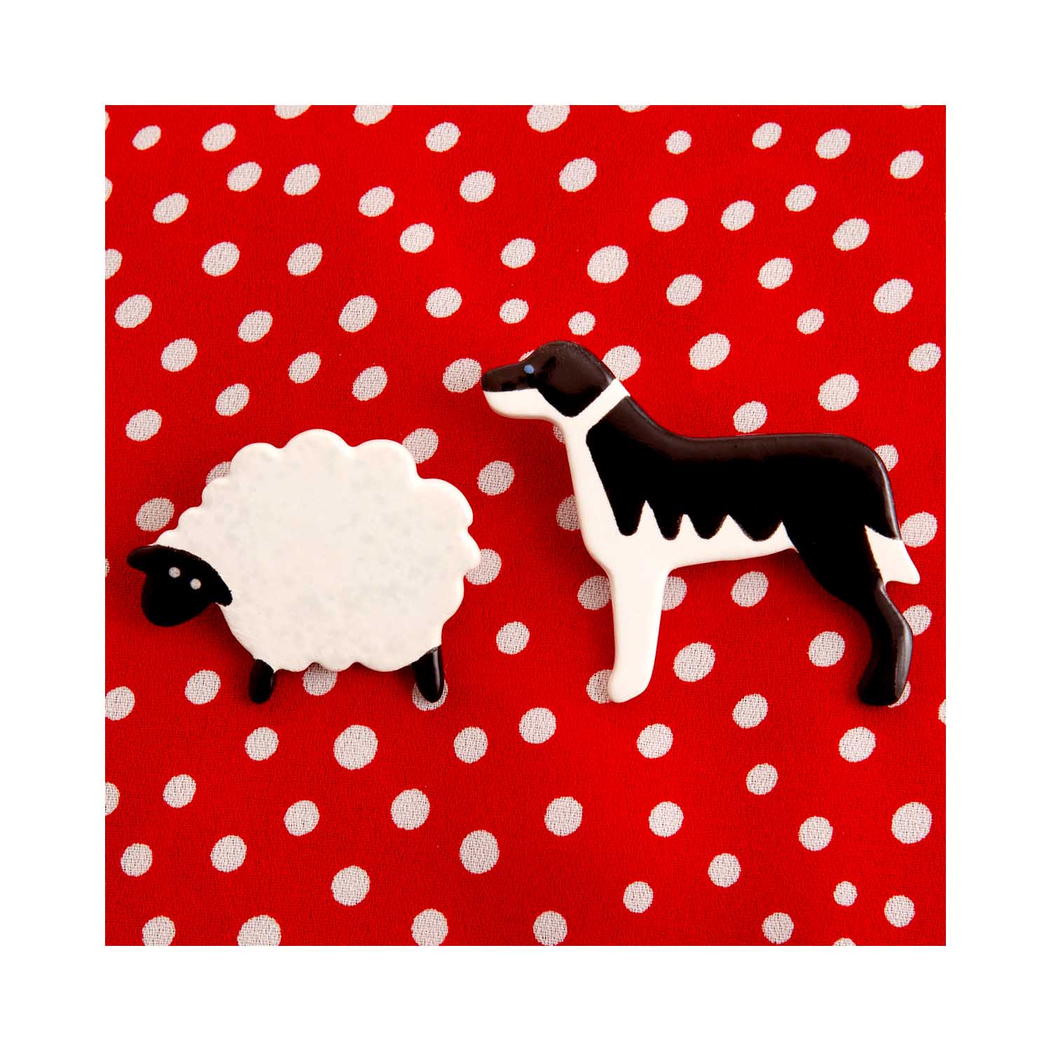 Dog Lover Gifts available at Dog Krazy Gifts – Ceramic Border Collie and Sheep Brooch Set by Mary Goldberg of Stockwell Ceramics, Just Part Of Our Collection Of Collie Dog Themed Gifts, Available At www.dogkrazygifts.co.uk