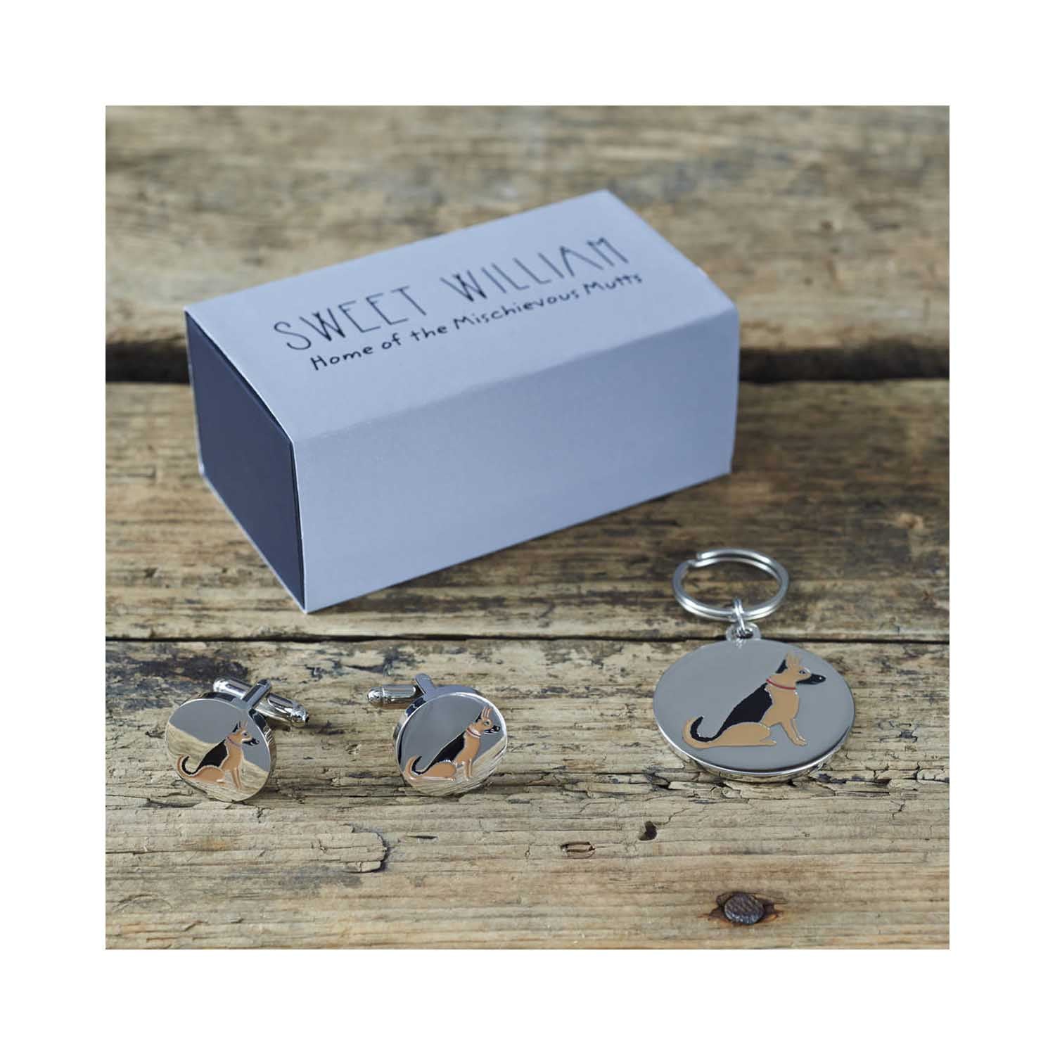 Dog Lover Gifts available at Dog Krazy Gifts - Sebastian The GSD Cufflink and Dog Tag Set - part of the Sweet William range available from DogKrazyGifts.co.uk