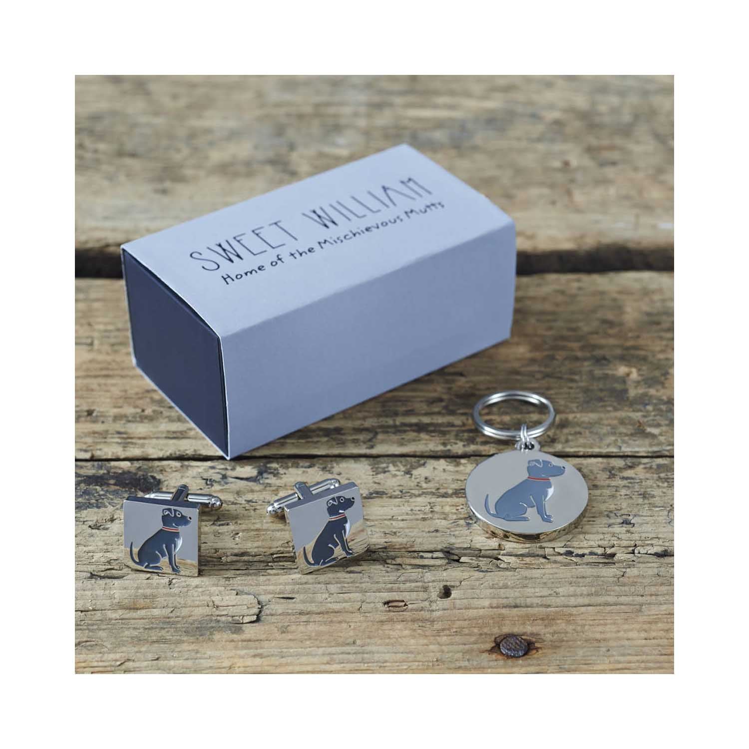 Dog Lover Gifts available at Dog Krazy Gifts - Bree the Staffordshire Bull Terrier cufflink and dog ID set - part of the Sweet William range available from www.DogKrazyGifts.co.uk 