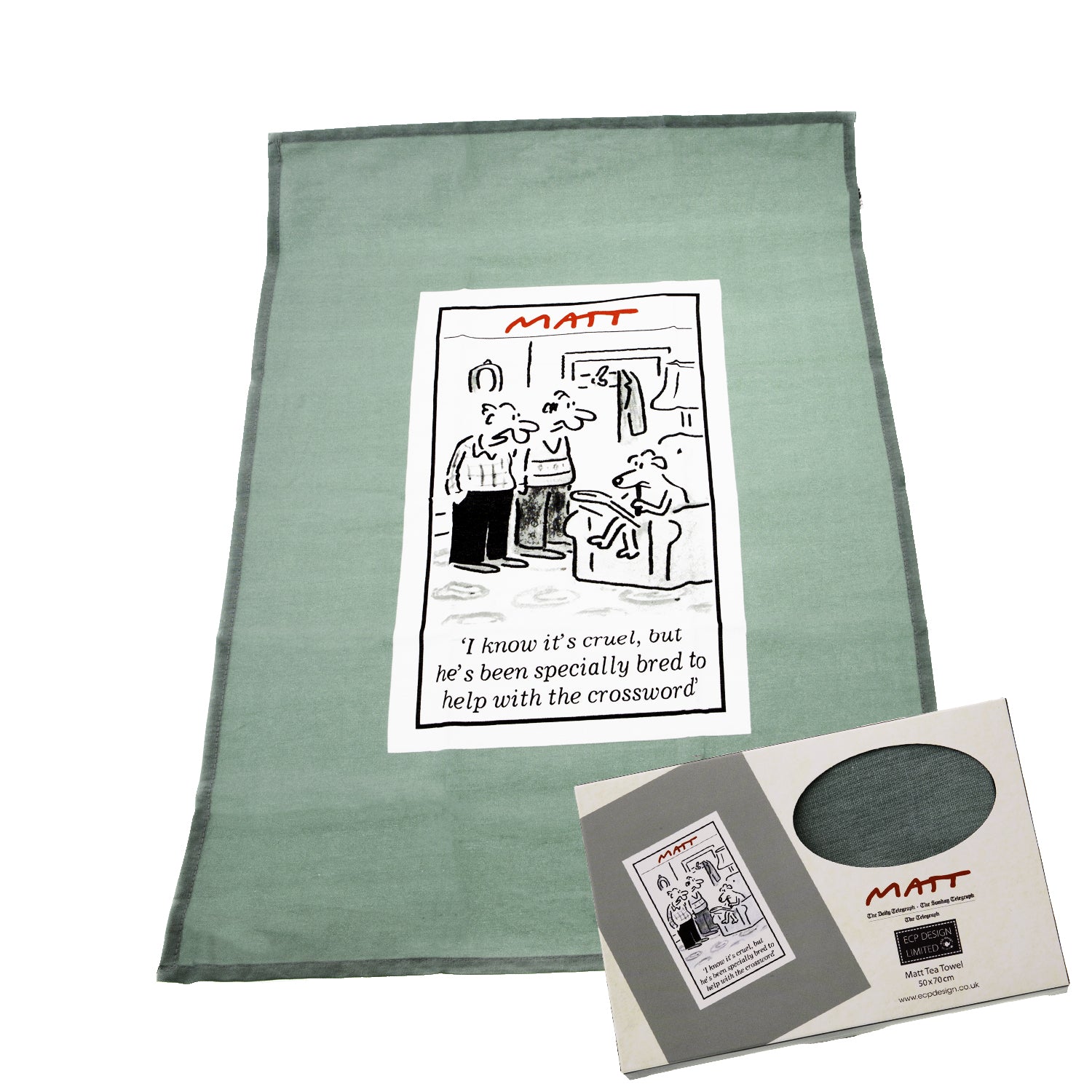 DogKrazy.Gifts - Matt, Crossword Dog - Gift Boxed Tea Towel side-splitting dog cartoon, this 100% cotton tea towel comes gift-boxed.  Matt produces cartoons for the Daily Telegraph, Sunday Telegraph and Telegraph. Dog Krazy Gifts stock a range of products based on Matt's work