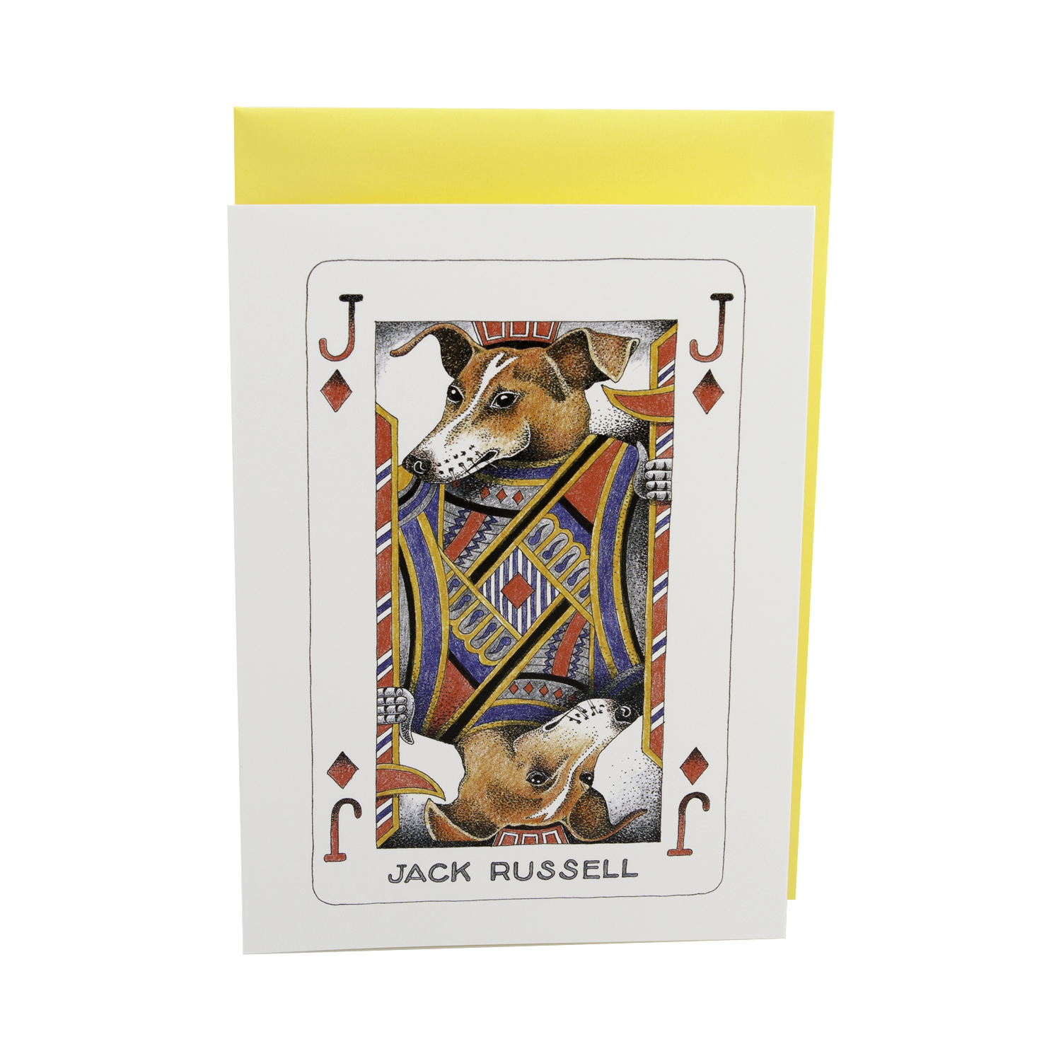 DogKrazy.Gifts – Simon Drew Jack Russell, Humorous card featuring a Jack Russell as the Jack of Diamonds. Part of the Simon Drew Dog Collection available from Dog Krazy Gifts