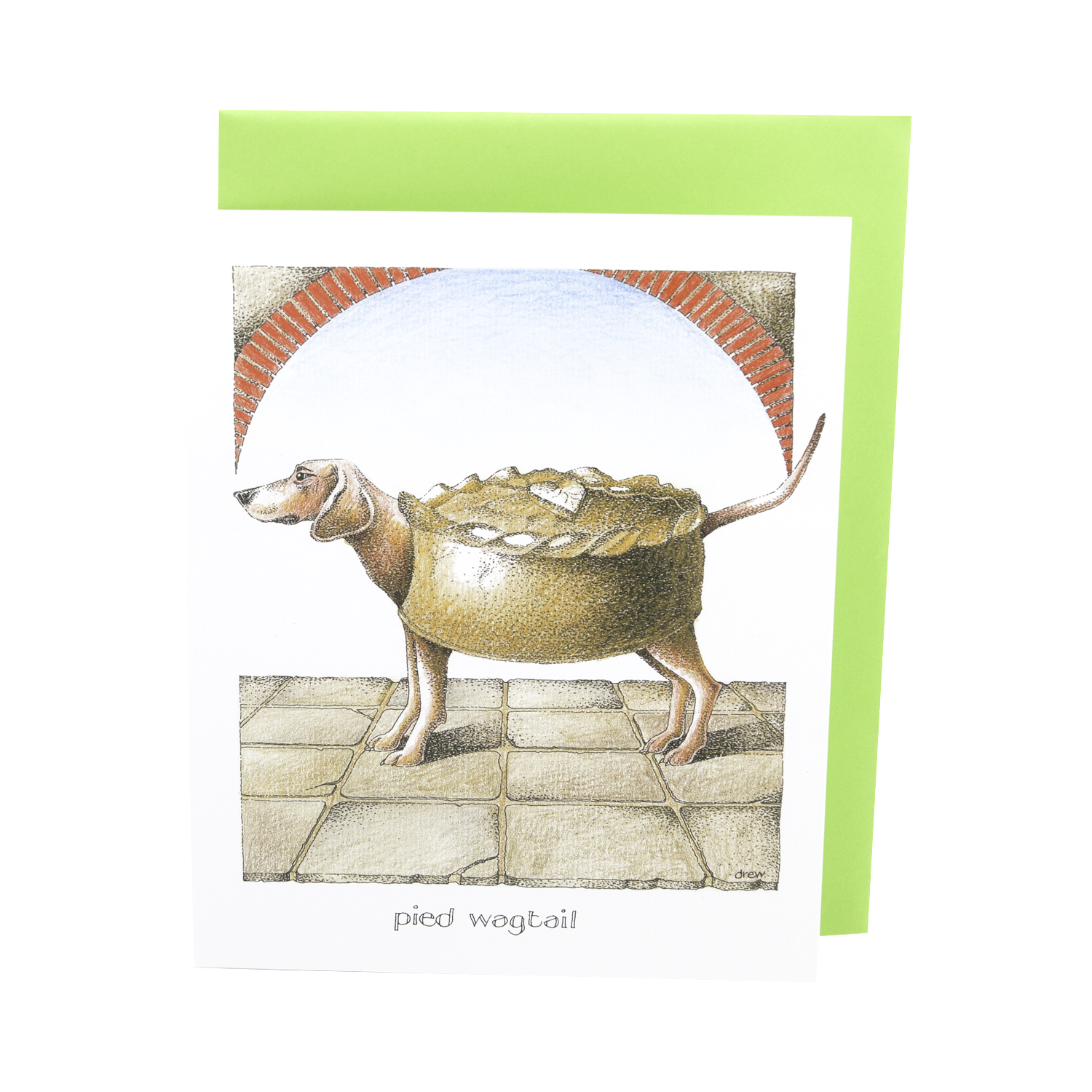 DogKrazy.Gifts – Simon Drew Pied Wagtail Humorous card featuring a dog so full of treats it’s turned into a pie. Part of the Simon Drew Dog Collection available from Dog Krazy Gifts
