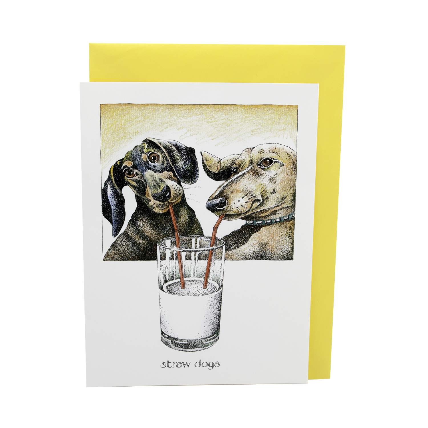 DogKrazy.Gifts – Simon Drew Straw Dogs Card. Funny card showing a pair of Dachshunds drinking from straws. Part of the Simon Drew Dog Collection available from Dog Krazy Gifts