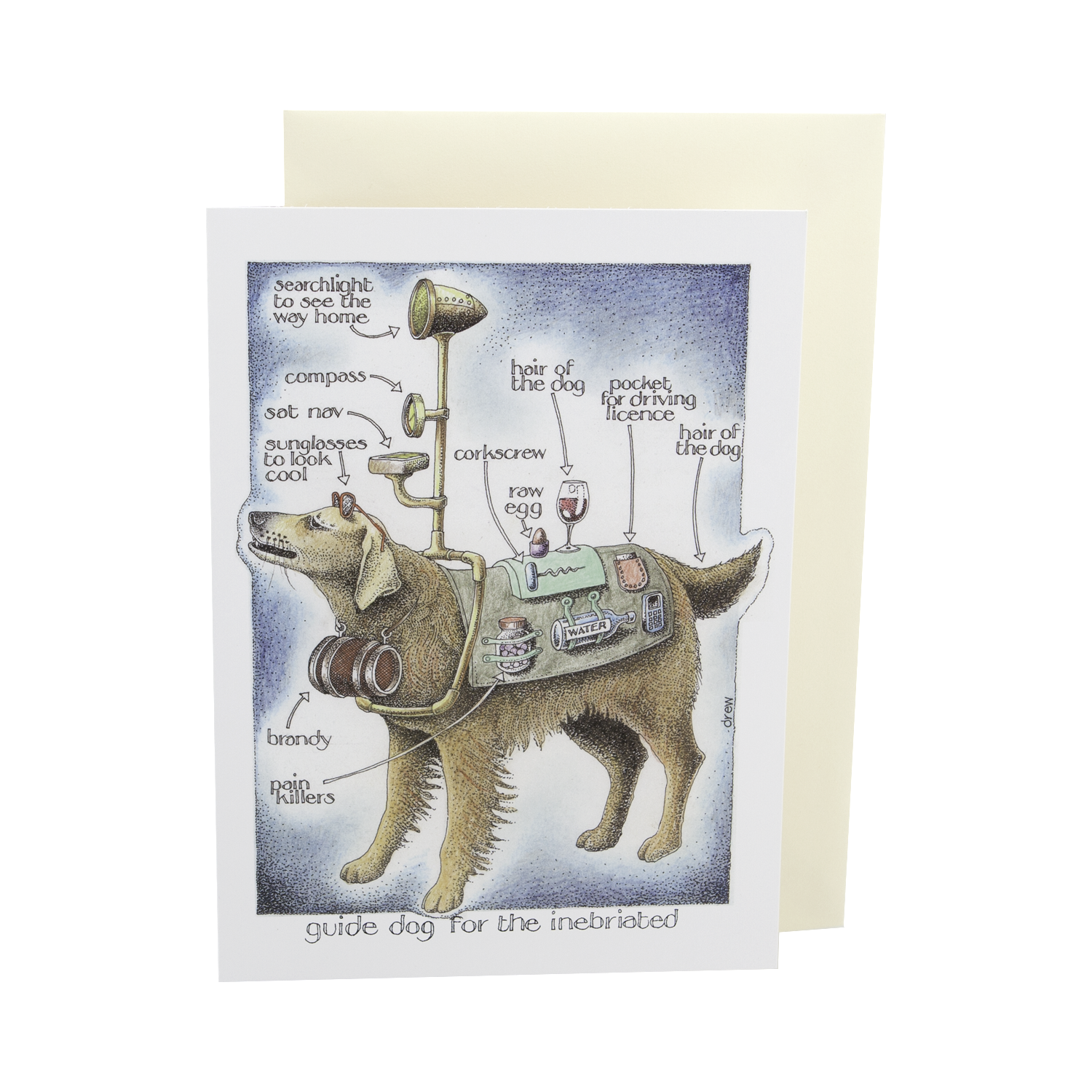 DogKrazy.Gifts – Simon Drew Guide Dog For The Inebriated Card, Humorous card featuring a Golden Retriever “guide dog” for the drunk. Part of the Simon Drew Dog Collection available from Dog Krazy Gifts